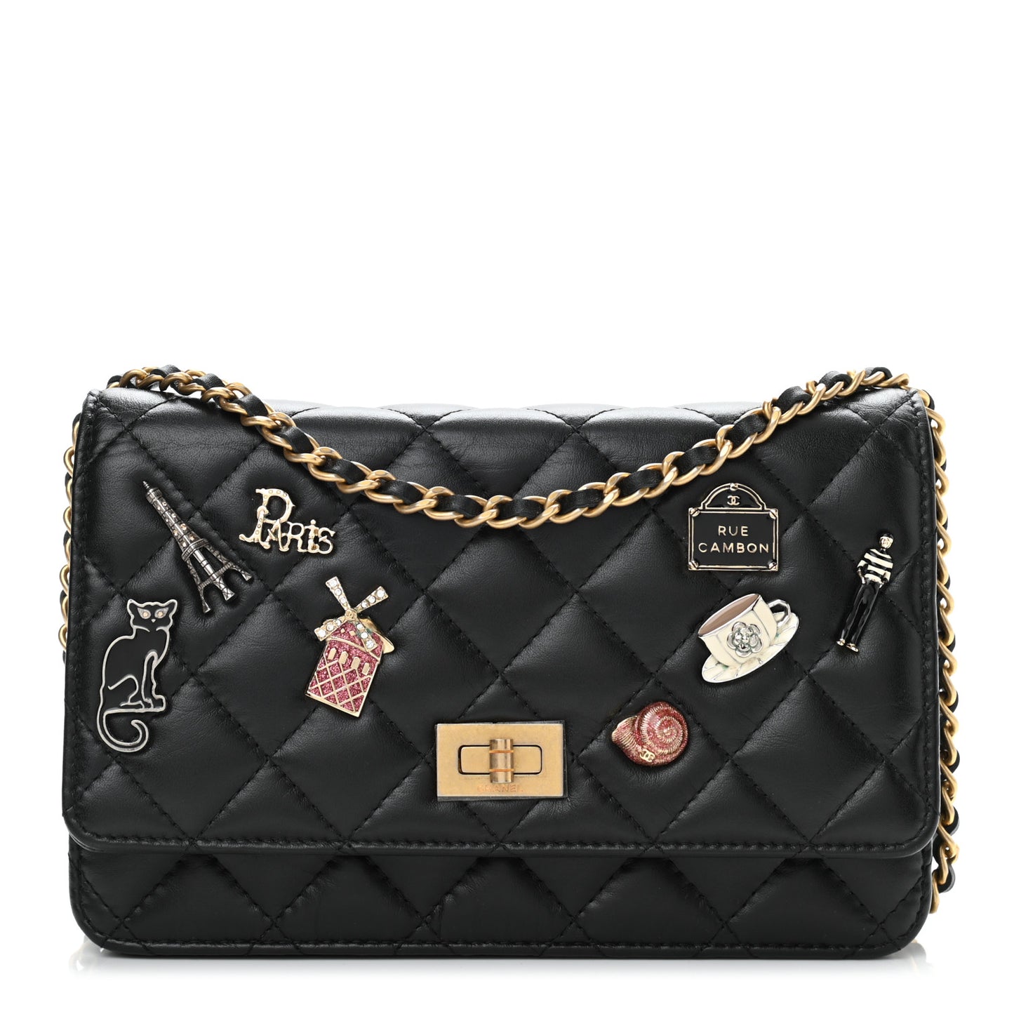 Aged Calfskin Quilted Lucky Charms 2.55 Reissue Wallet On Chain WOC Black