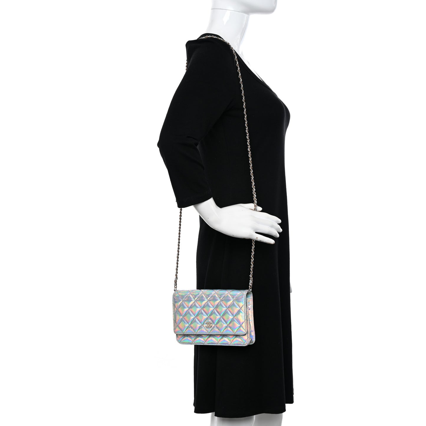Iridescent Goatskin Quilted Wallet On Chain WOC Silver
