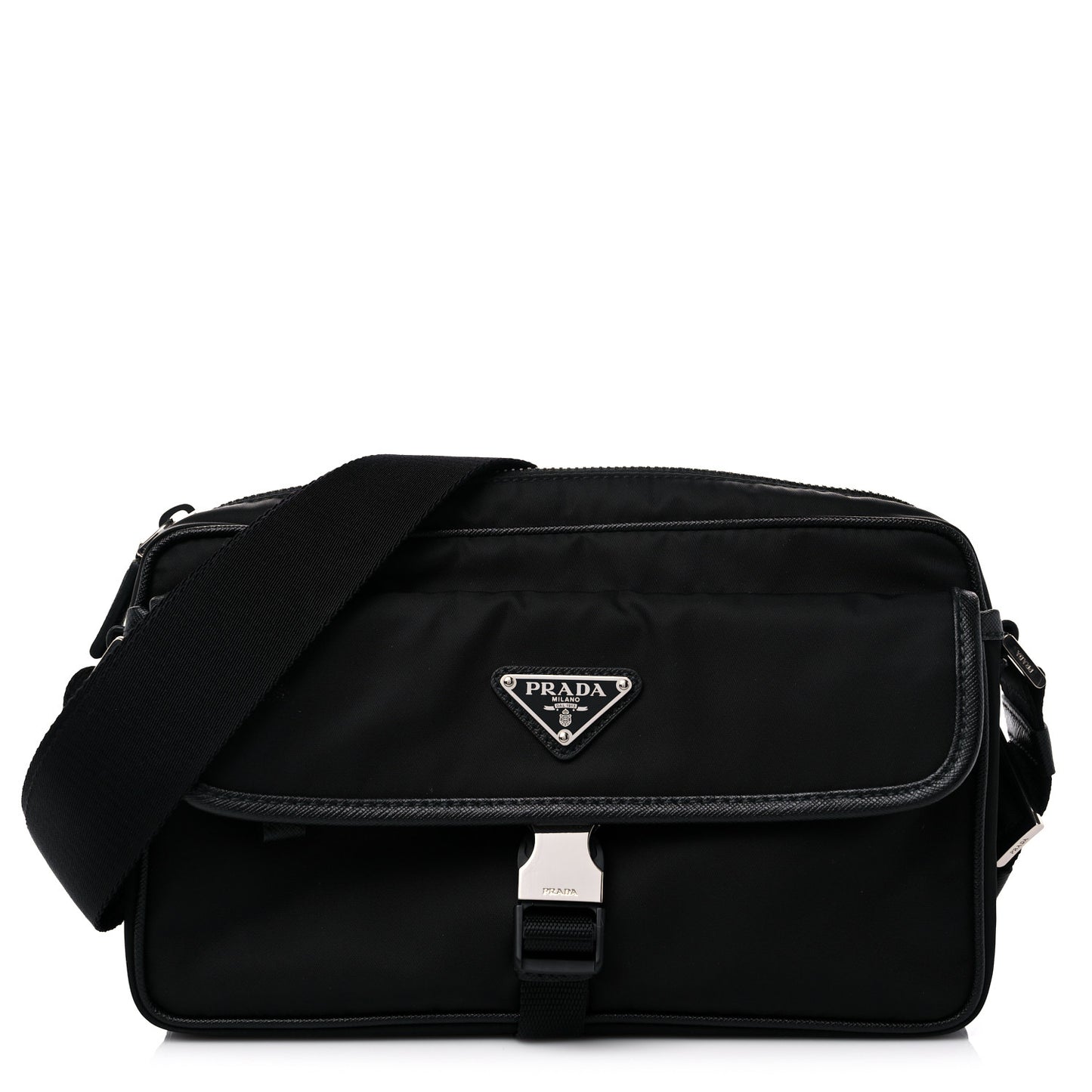 Tessuto Nylon Saffiano Single Snap Buckle Messenger Flap Bag Black