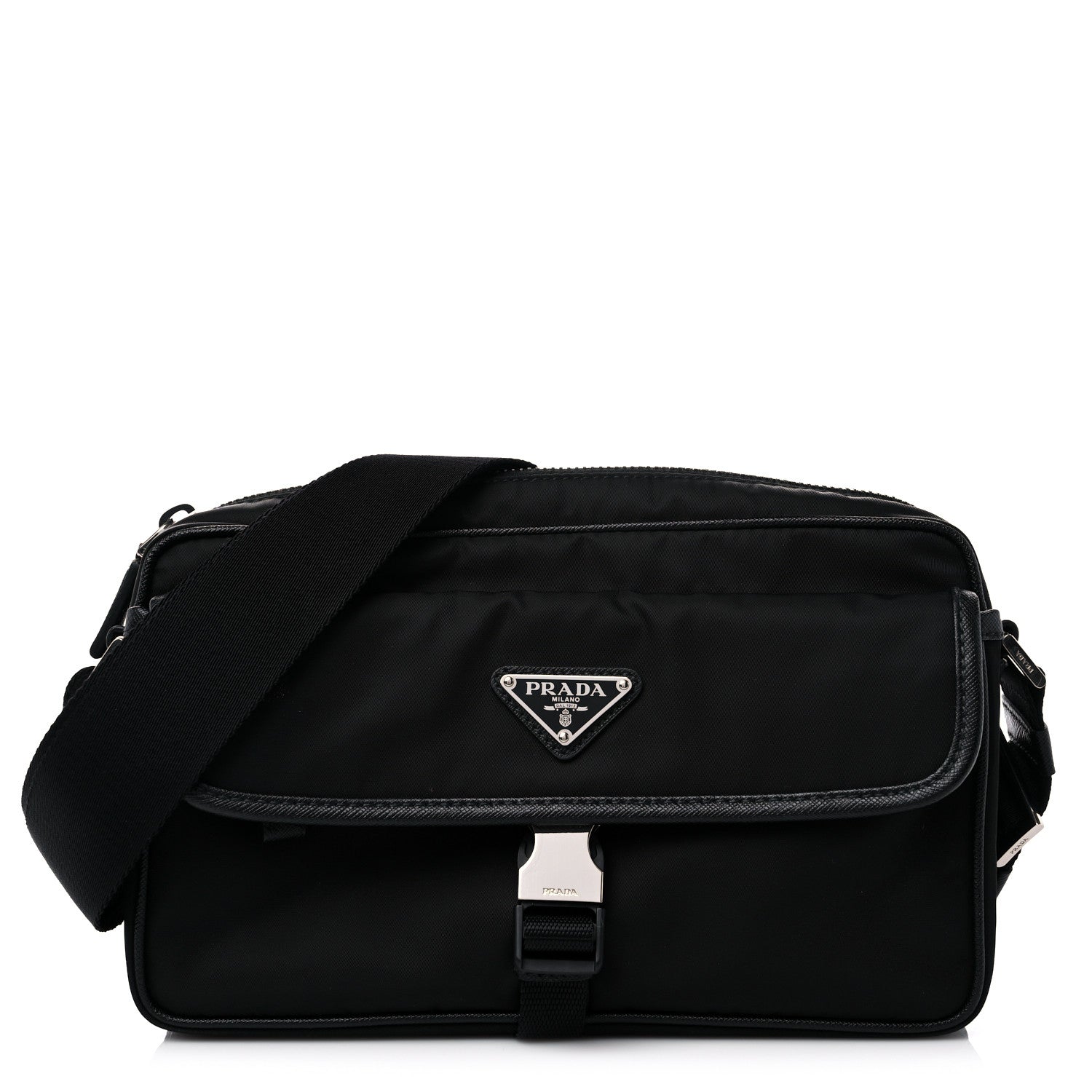 Prada Tessuto Nylon Saffiano Single Snap Buckle Messenger Flap Bag Black 1 of 8
