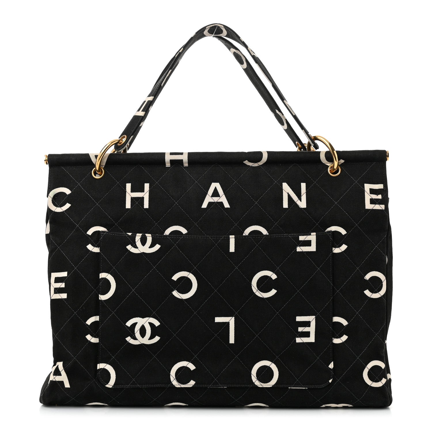 Chanel Canvas Printed Quilted Logo Tote Black White 1 of 11