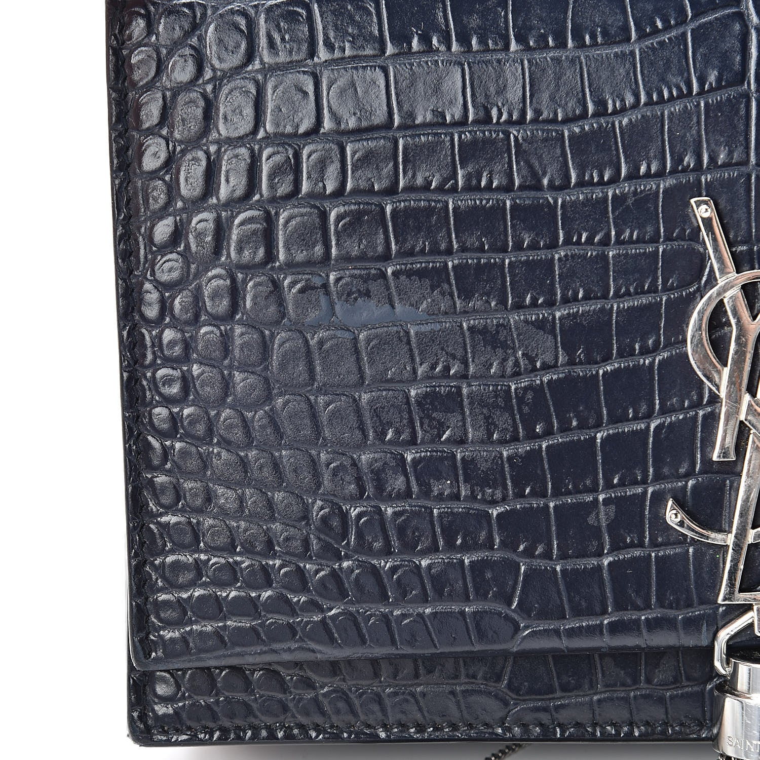 Mansur Gavriel Calfskin Crocodile Embossed Kate Monogram Tassel Chain Wallet Deep Marine 14 of 14