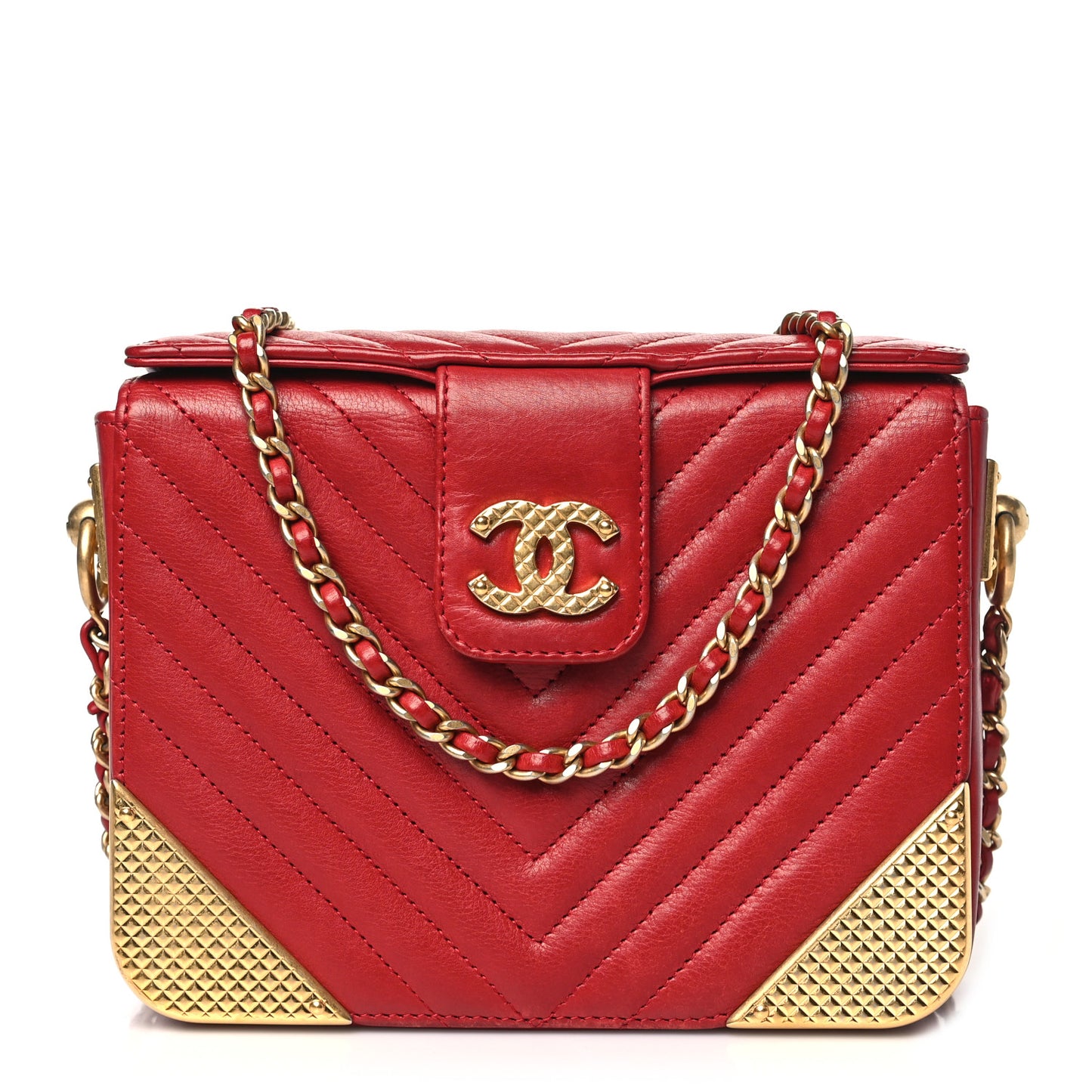 Calfskin Chevron Quilted Rock The Corner Minaudiere Bag Red