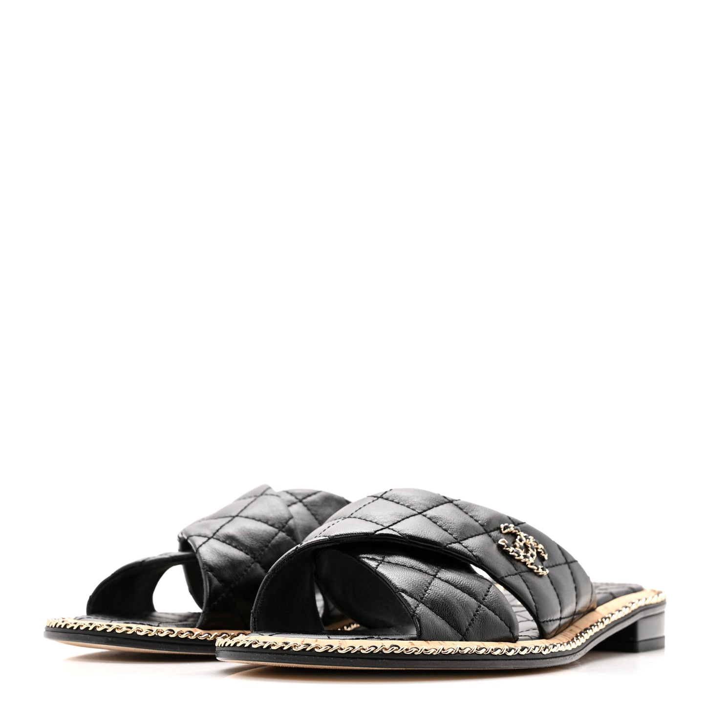 Shiny Lambskin Quilted Chain CC Sandals 40 Black