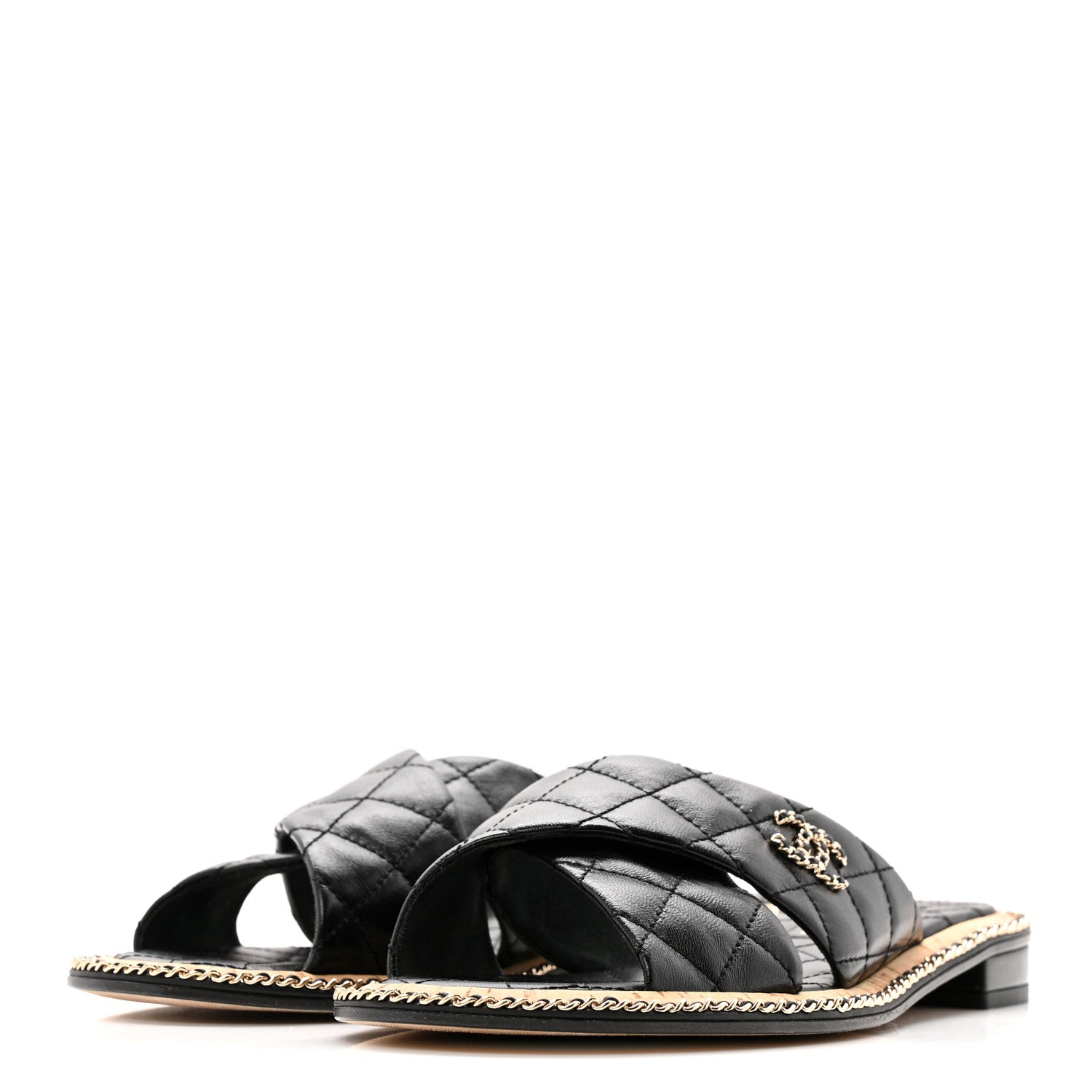 Chanel Shiny Lambskin Quilted Chain CC Sandals 40 Black 4 of 10