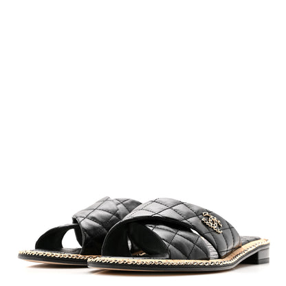 Chanel Shiny Lambskin Quilted Chain CC Sandals 40 Black 4 of 10