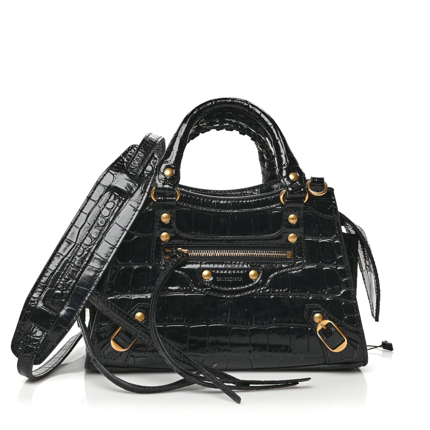 Balenciaga Shiny Supple Calfskin Crocodile Embossed Neo Classic Gold Hardware Mini City Black 1 of 6