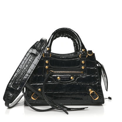Balenciaga Shiny Supple Calfskin Crocodile Embossed Neo Classic Gold Hardware Mini City Black 1 of 6
