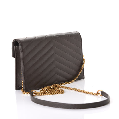 Saint Laurent Grain De Poudre Matelasse Chevron Monogram Envelope Chain Wallet Pebble 2 of 7