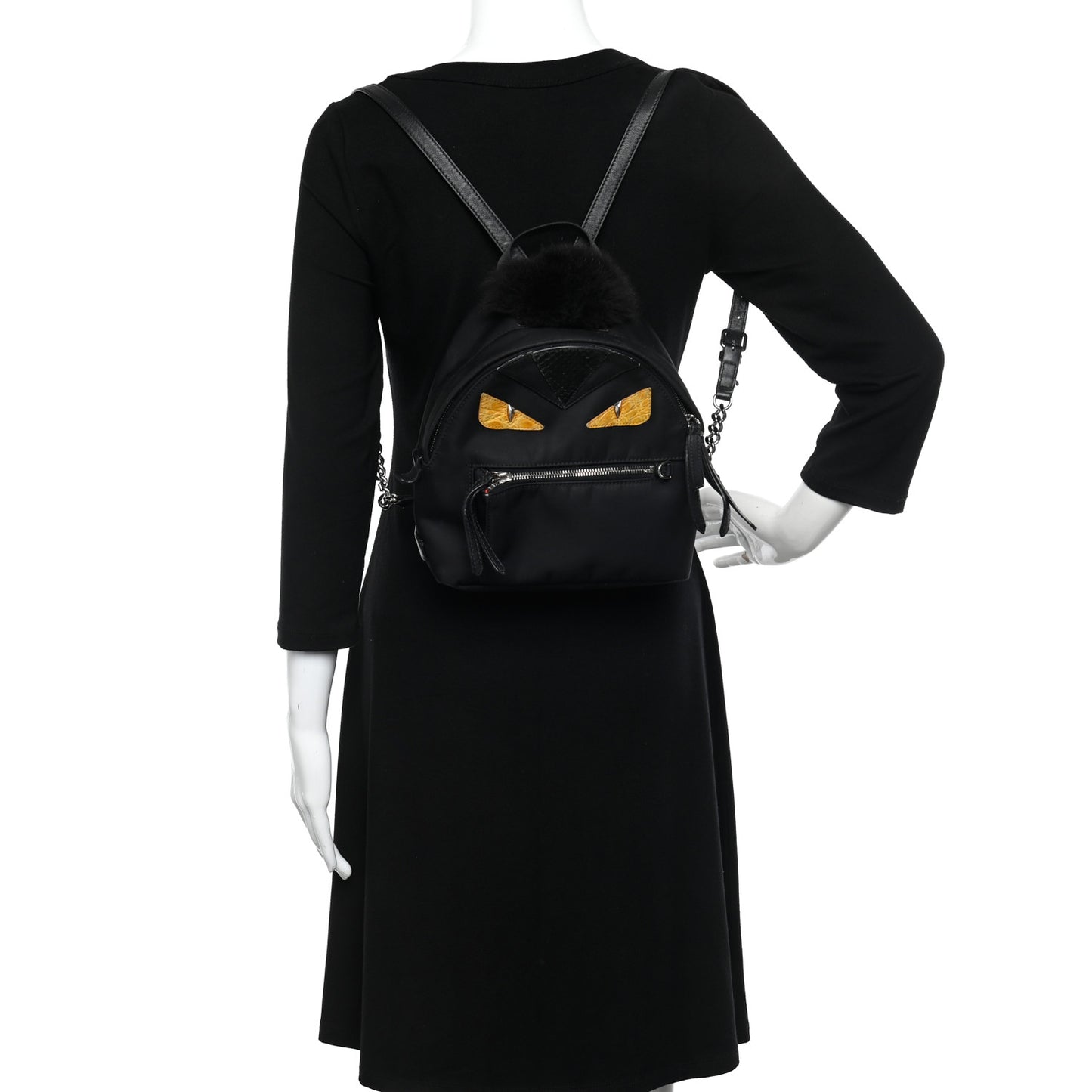 Nylon Vitello Dolce Goat Fox Fur Crocodile Monster Eyes Mini Backpack Black Sunflower