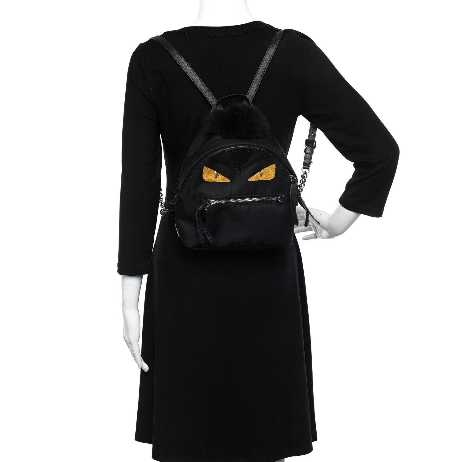 Fendi Nylon Vitello Dolce Goat Fox Fur Crocodile Monster Eyes Mini Backpack Black Sunflower 3 of 11