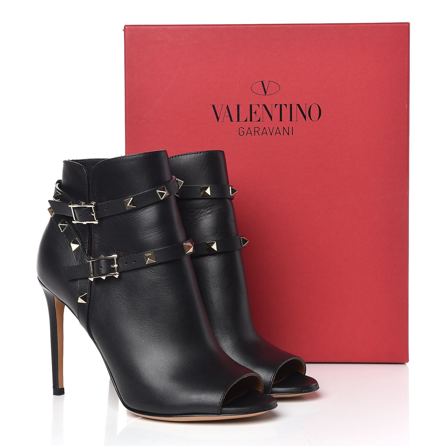 Calfskin Rockstud Peep Toe Double Buckle 100mm Ankle Boots 37 Black