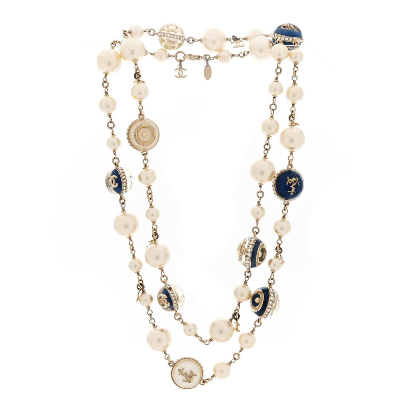 Pearl Crystal CC Nautical Long Necklace Gold Blue