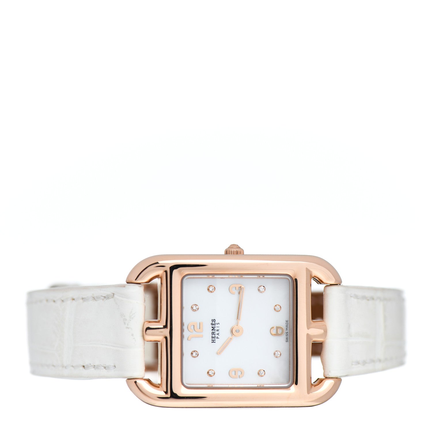 Hermes 18K Rose Gold Alligator Diamond Mother of Pearl 23mm Cape Cod Quartz Watch Blanc 2 of 5