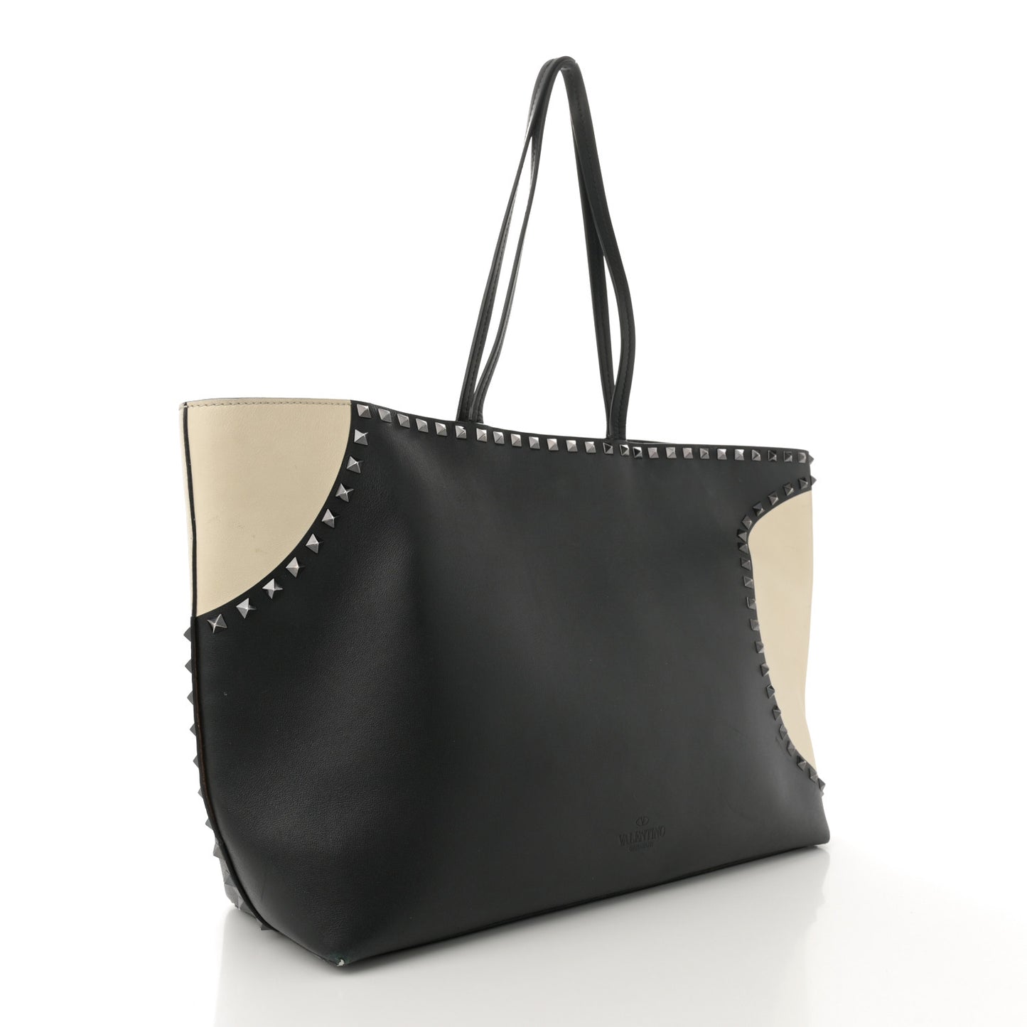 Calfskin Polka Dot Rockstud Shoulder Tote Black Light Ivory