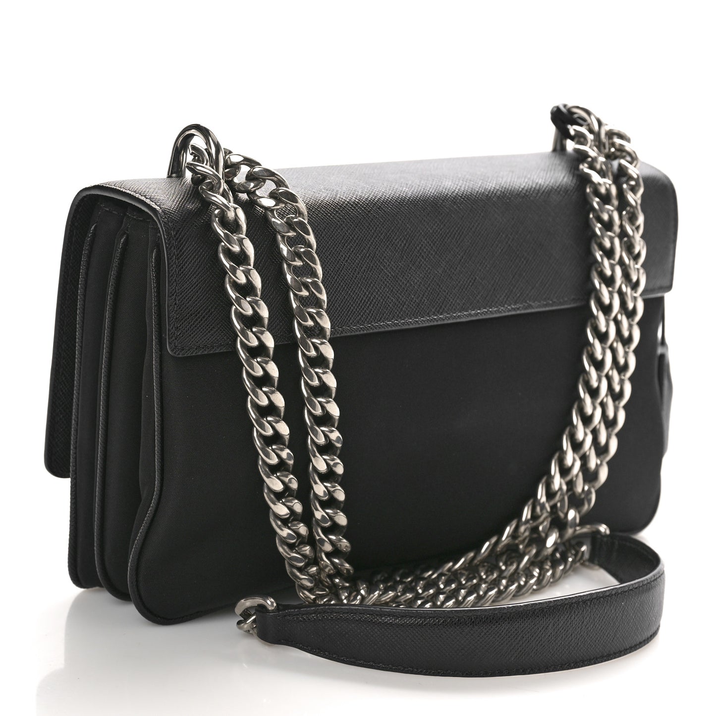 Saffiano Lux Lock Flap Chain Shoulder Bag Black