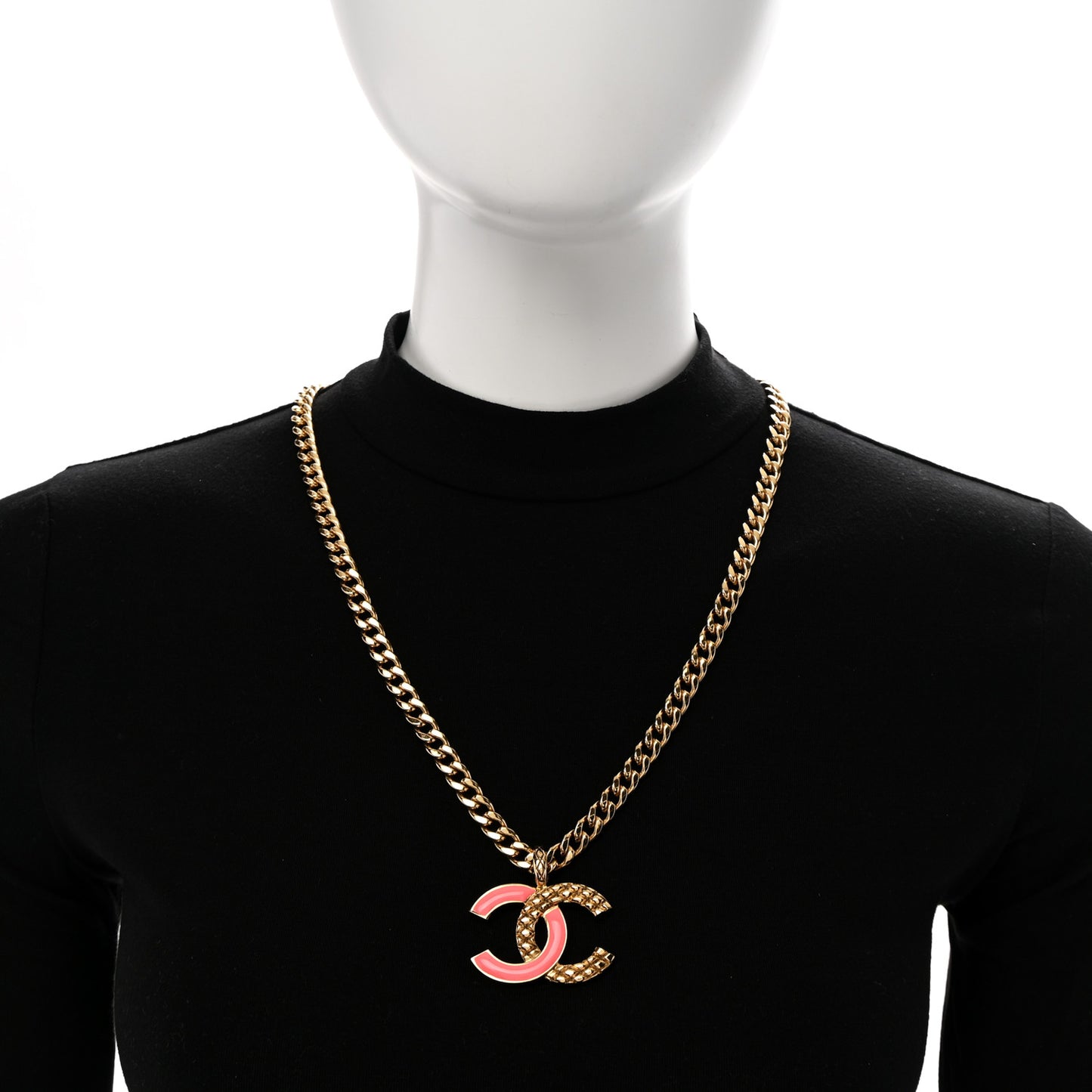Metal Enamel Quilted CC Chain Necklace Pendant Gold Pink