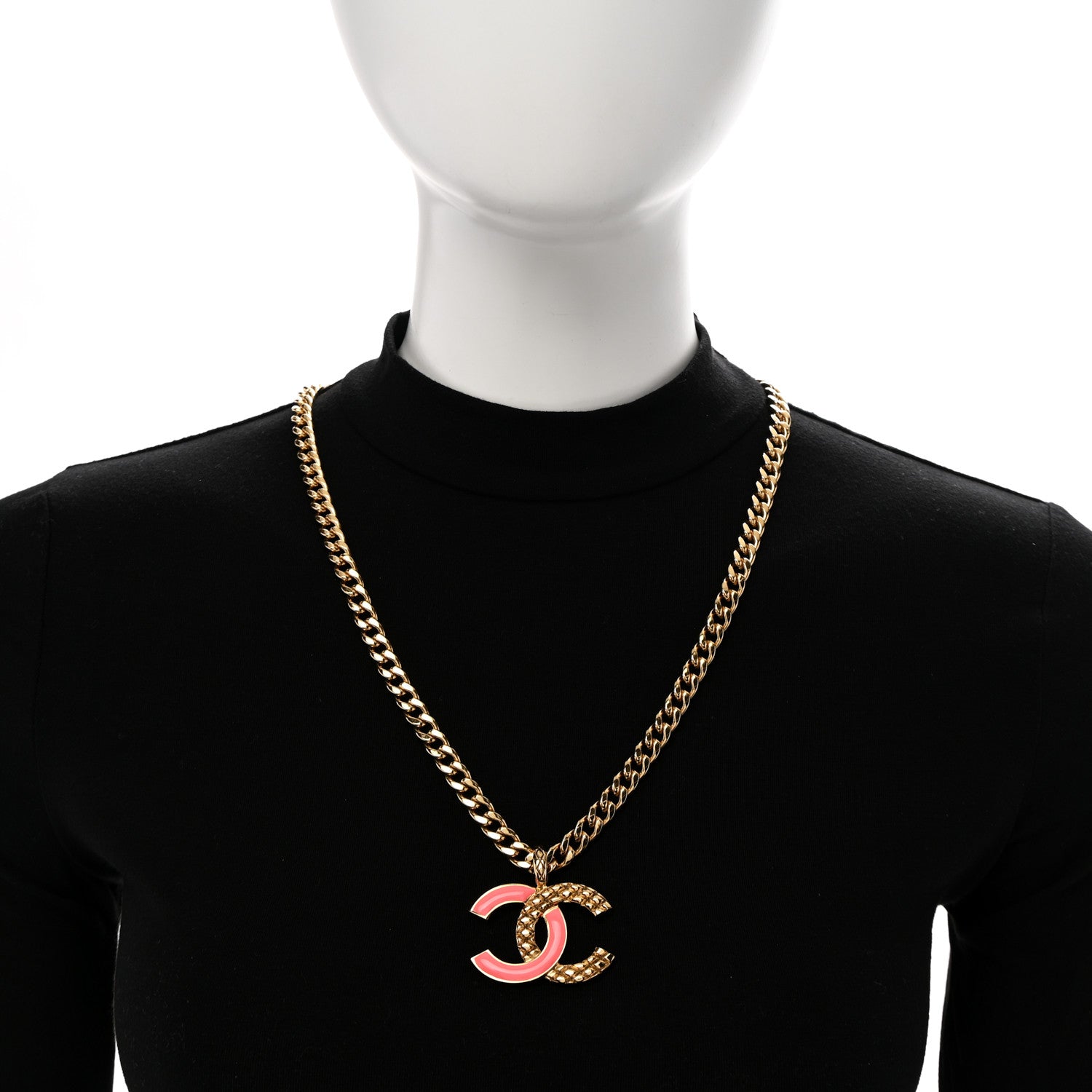 Chanel Metal Enamel Quilted CC Chain Necklace Pendant Gold Pink 2 of 7