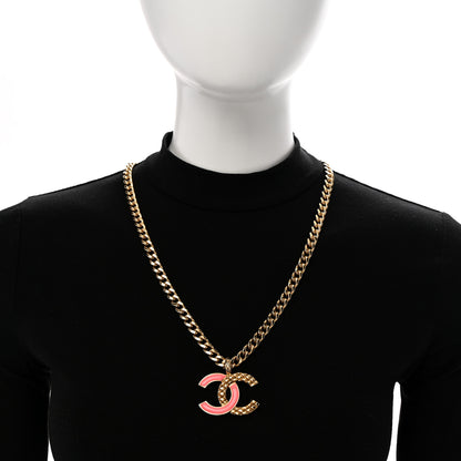 Chanel Metal Enamel Quilted CC Chain Necklace Pendant Gold Pink 2 of 7