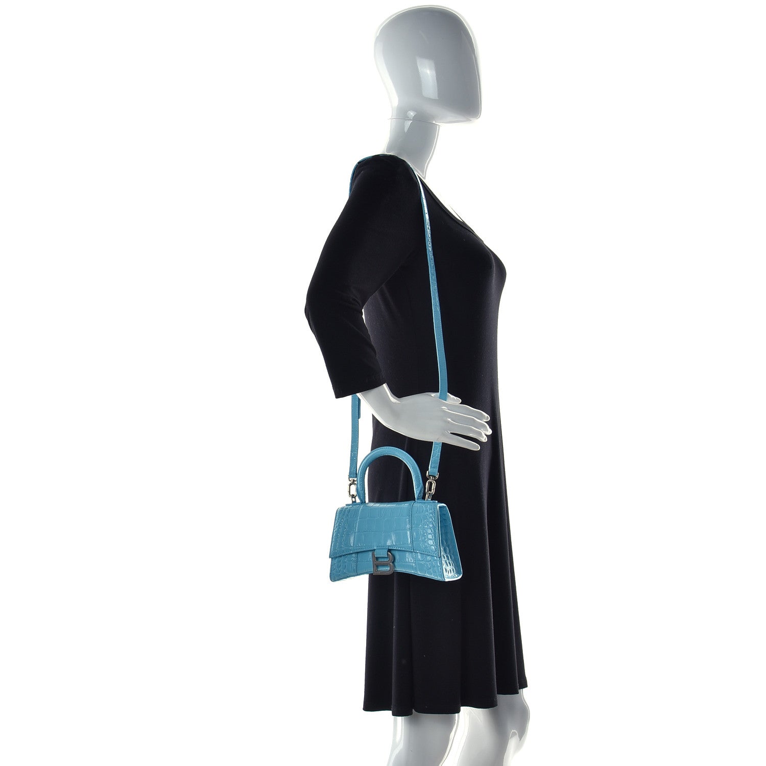 Balenciaga Shiny Calfskin Crocodile Embossed Hourglass Top Handle Bag XS Azur 2 of 9