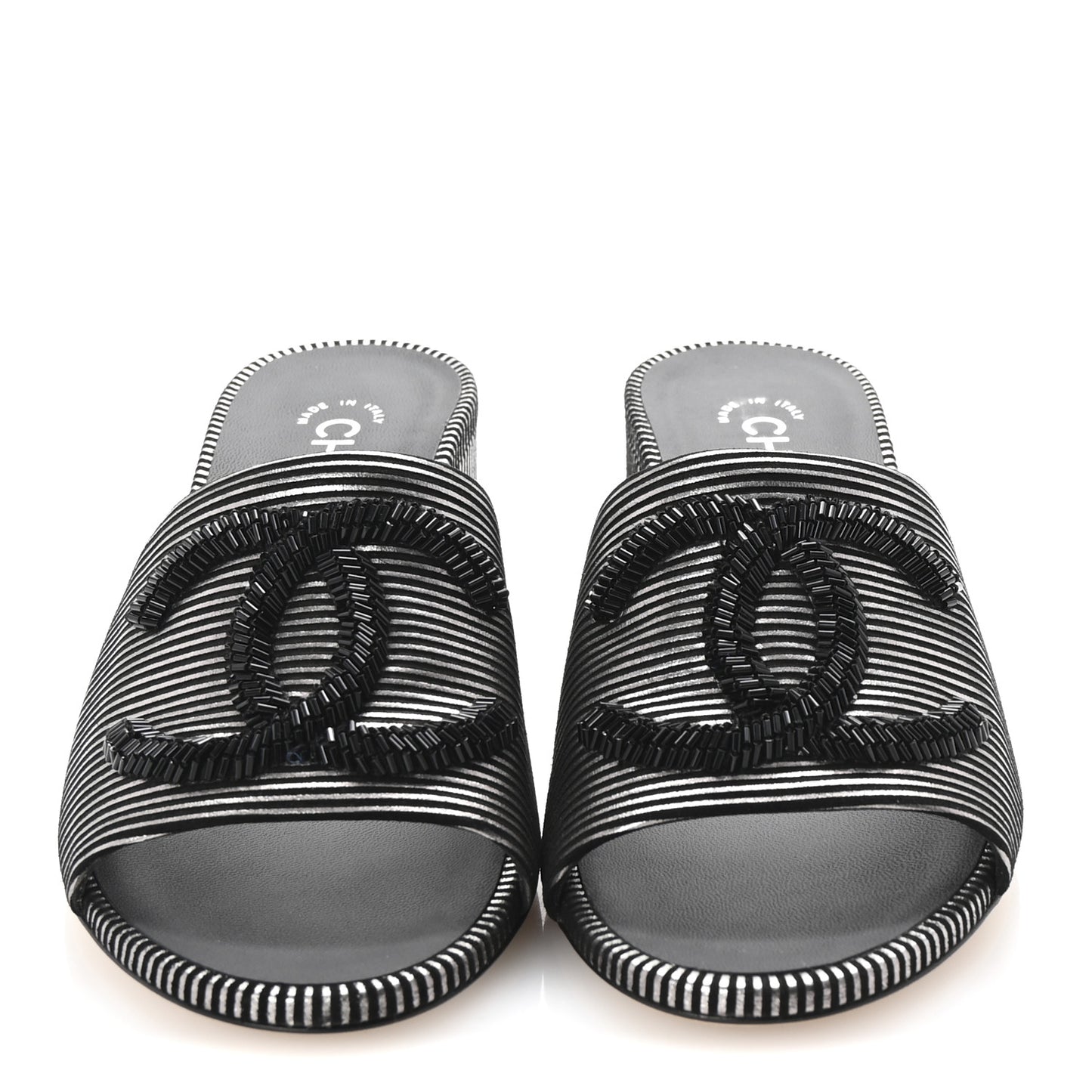 Calfskin Striped Beaded CC Mule Sandals 37.5 Black