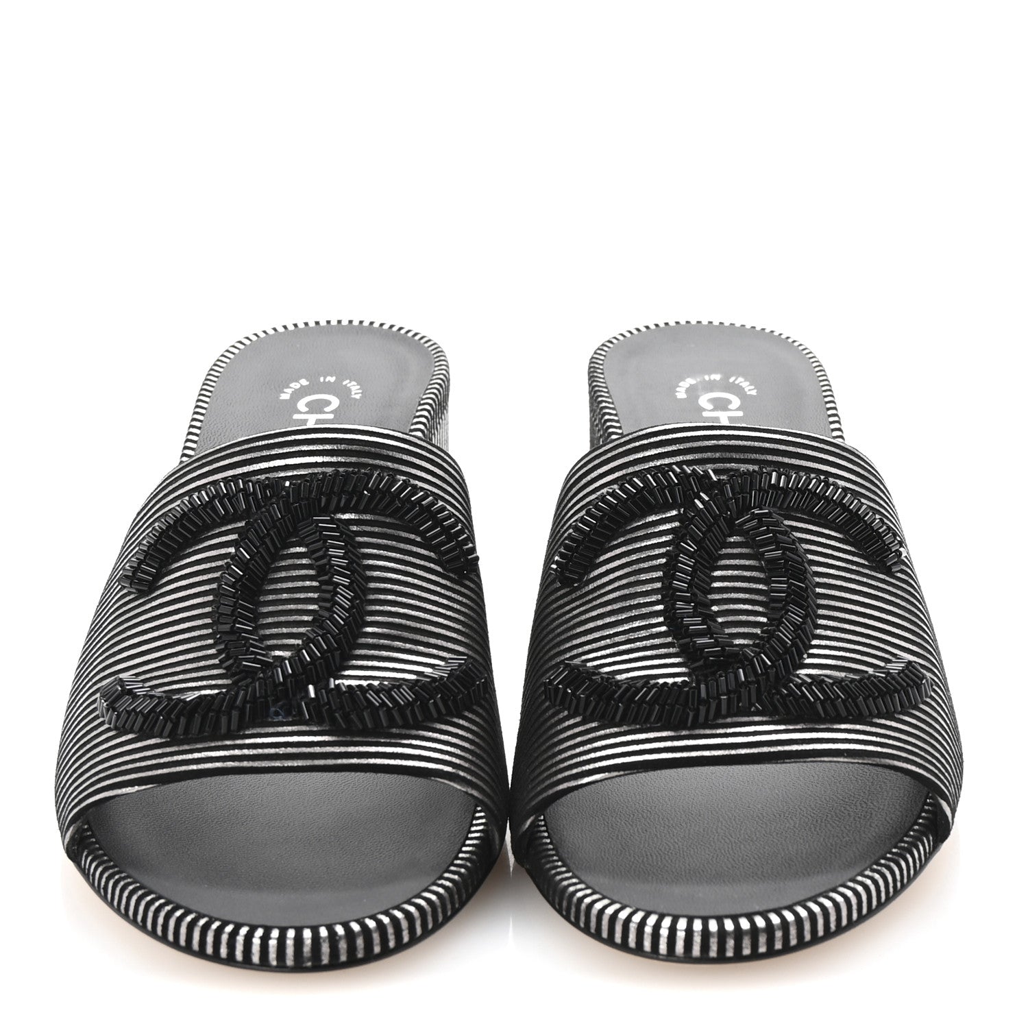 Chanel Calfskin Striped Beaded CC Mule Sandals 37.5 Black 3 of 10