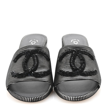Chanel Calfskin Striped Beaded CC Mule Sandals 37.5 Black 3 of 10