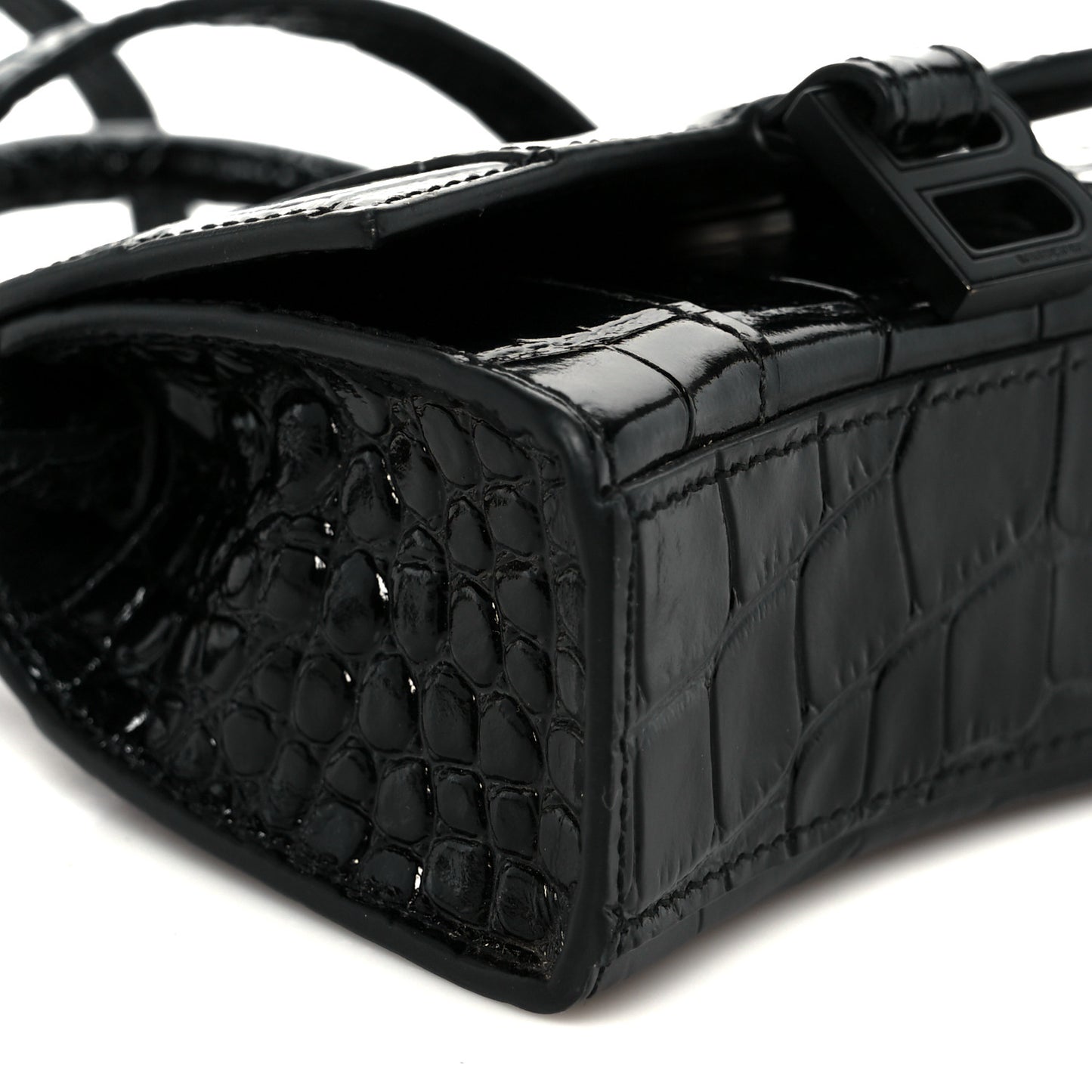 Shiny Calfskin Monochrome Crocodile Embossed Hourglass Top Handle Bag Mini Black