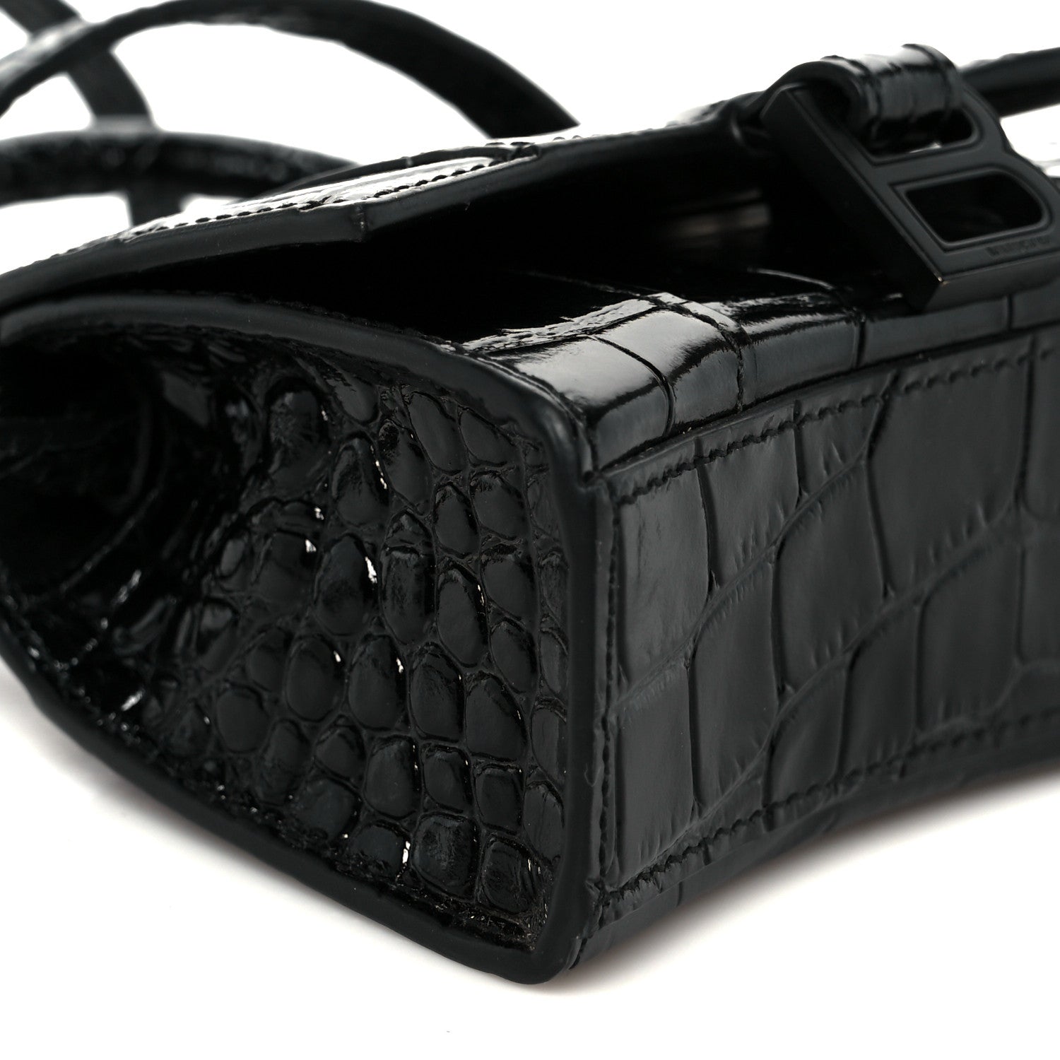 Balenciaga Shiny Calfskin Monochrome Crocodile Embossed Hourglass Top Handle Bag Mini Black 9 of 10