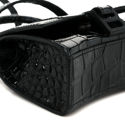 Balenciaga Shiny Calfskin Monochrome Crocodile Embossed Hourglass Top Handle Bag Mini Black 9 of 10