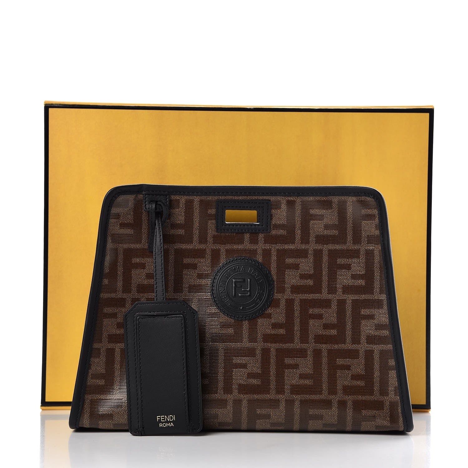 Fendi Glazed Fabric Vitello Century FF 1974 Stamp Patch Mini Peekaboo Defender Cover Mogano Panna Black 10 of 10