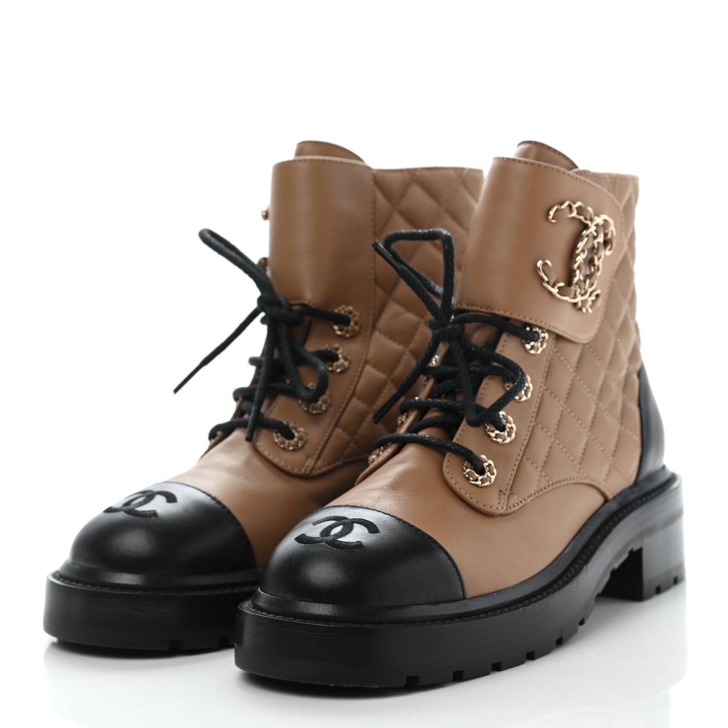 Chanel Lambskin Calfskin Quilted Lace Up Combat Boots 36 Beige Black 3 of 10