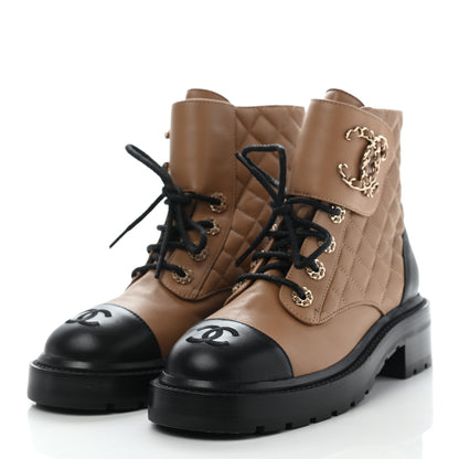 Chanel Lambskin Calfskin Quilted Lace Up Combat Boots 36 Beige Black 3 of 10