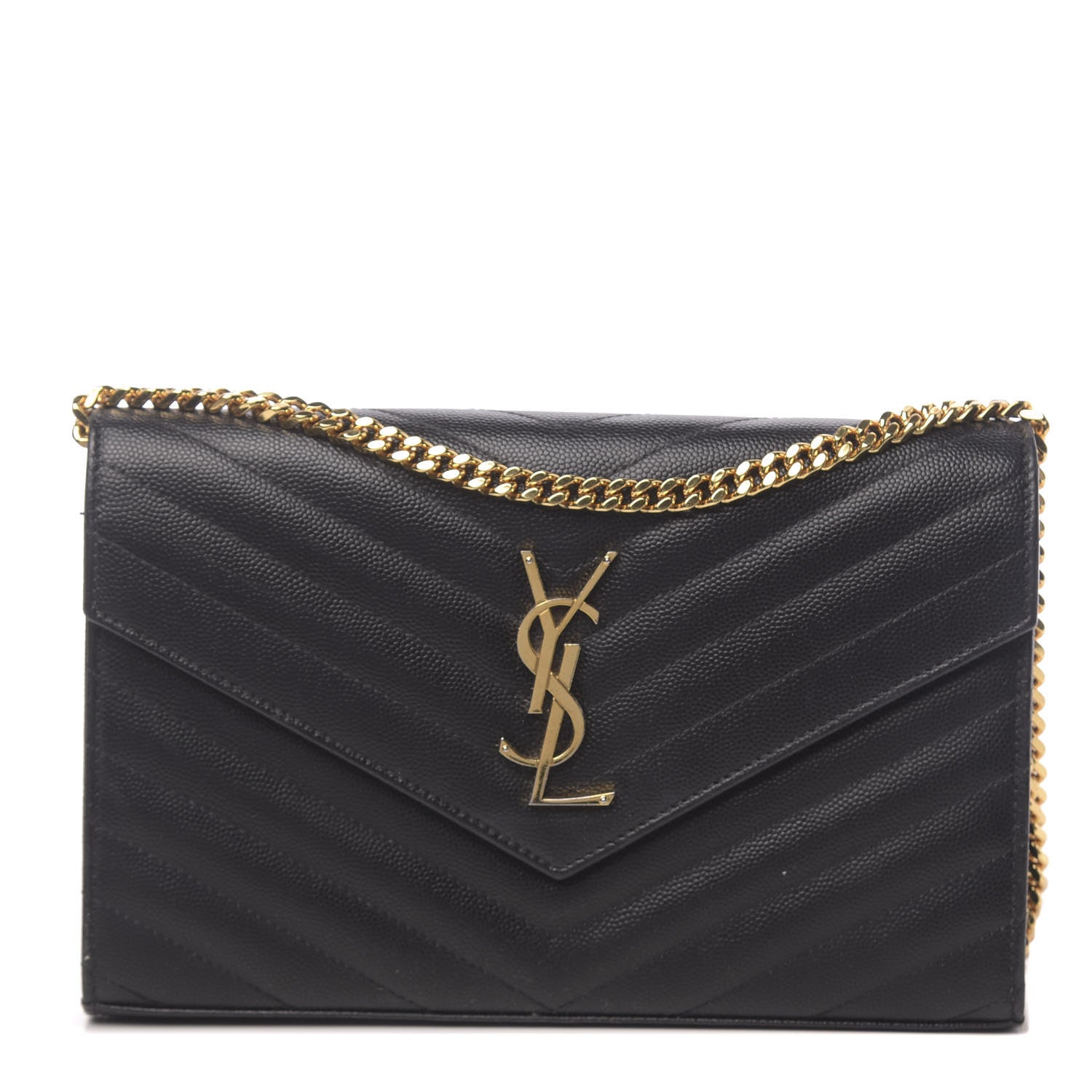 Saint Laurent Grain De Poudre Matelasse Chevron Monogram Chain Wallet Black 1 of 14