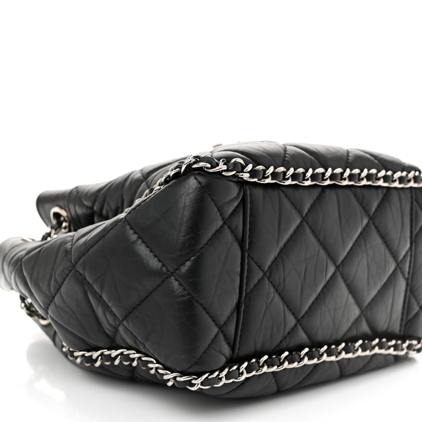 Crumpled Calfskin Quilted Chain All Over Drawstring Bucket Bag Black