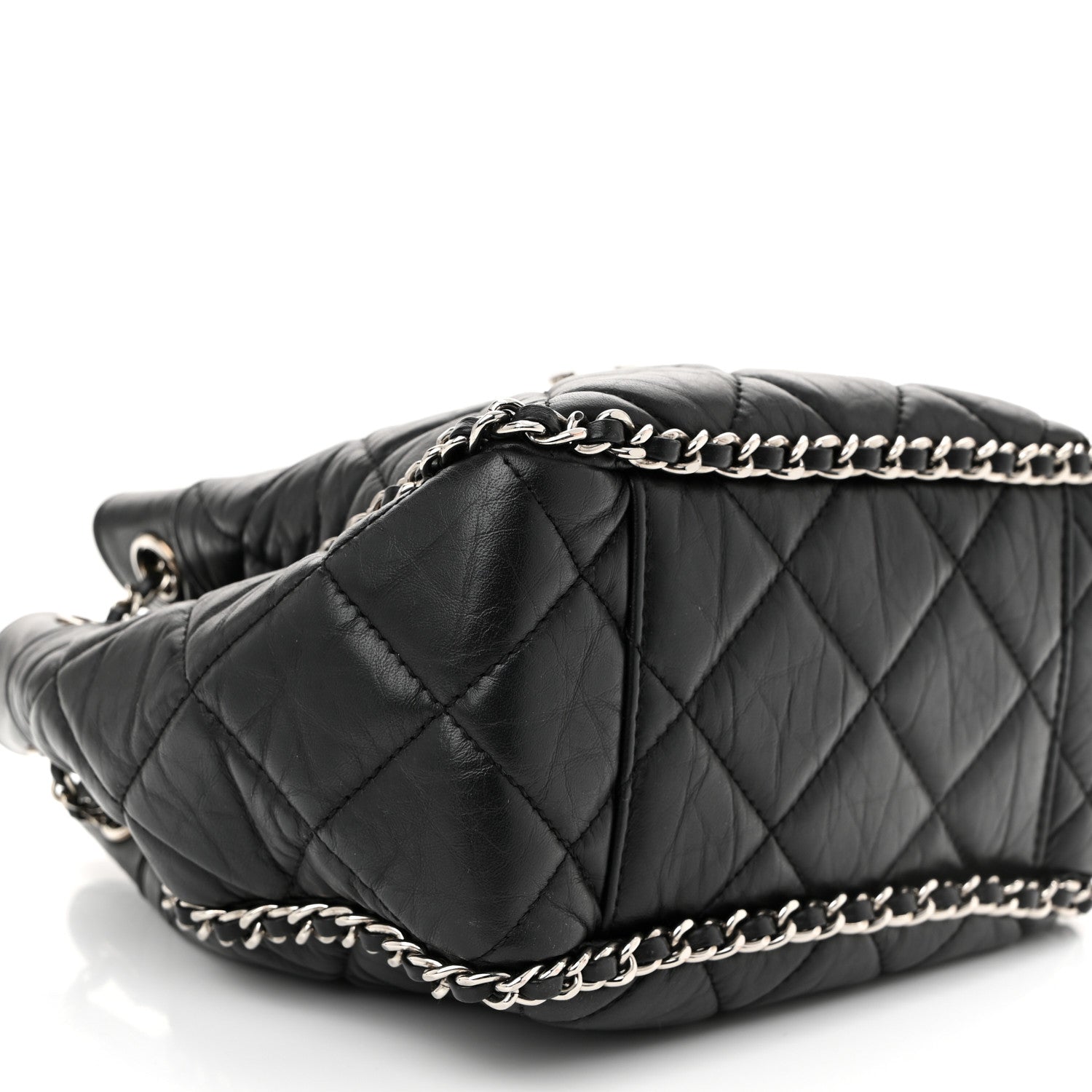 Chanel Crumpled Calfskin Quilted Chain All Over Drawstring Bucket Bag Black 9 of 10