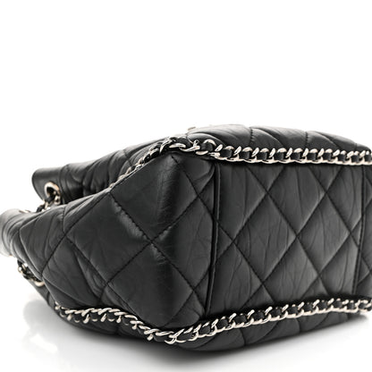 Chanel Crumpled Calfskin Quilted Chain All Over Drawstring Bucket Bag Black 9 of 10