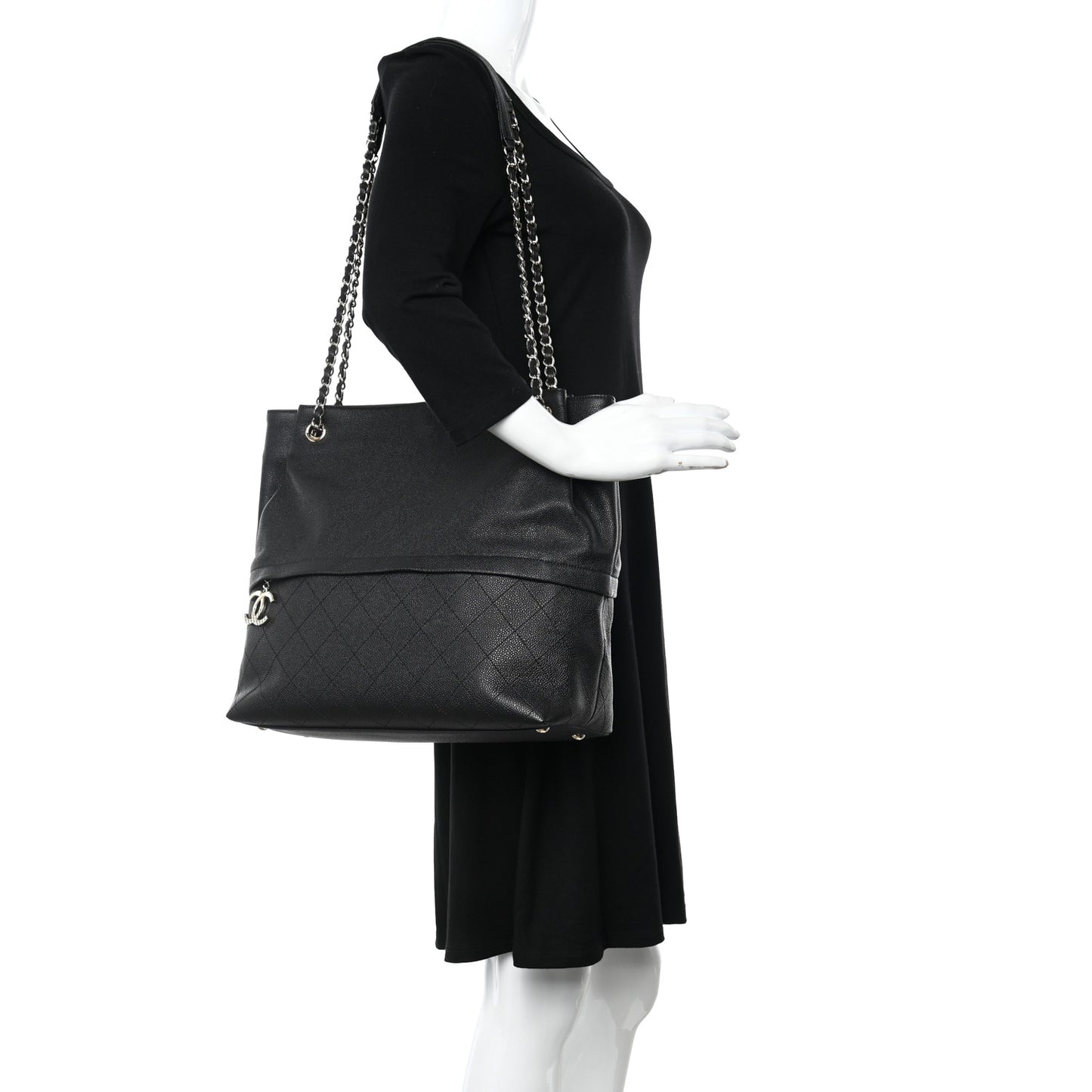 Crumpled Grained Calfskin Zip and Carry Shopping Tote Black