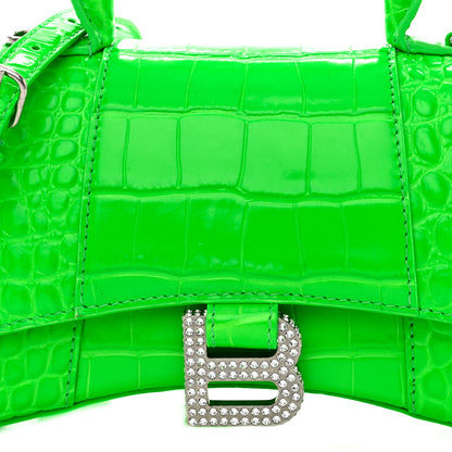 Balenciaga Shiny Calfskin Strass Crocodile Embossed Hourglass Top Handle Bag XS Fluo Green 9 of 12