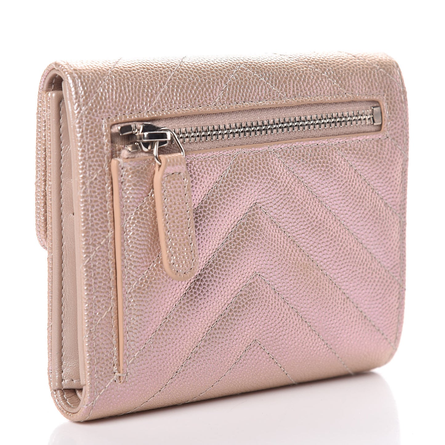 Metallic Caviar Chevron Quilted Compact Flap Wallet Light Gold