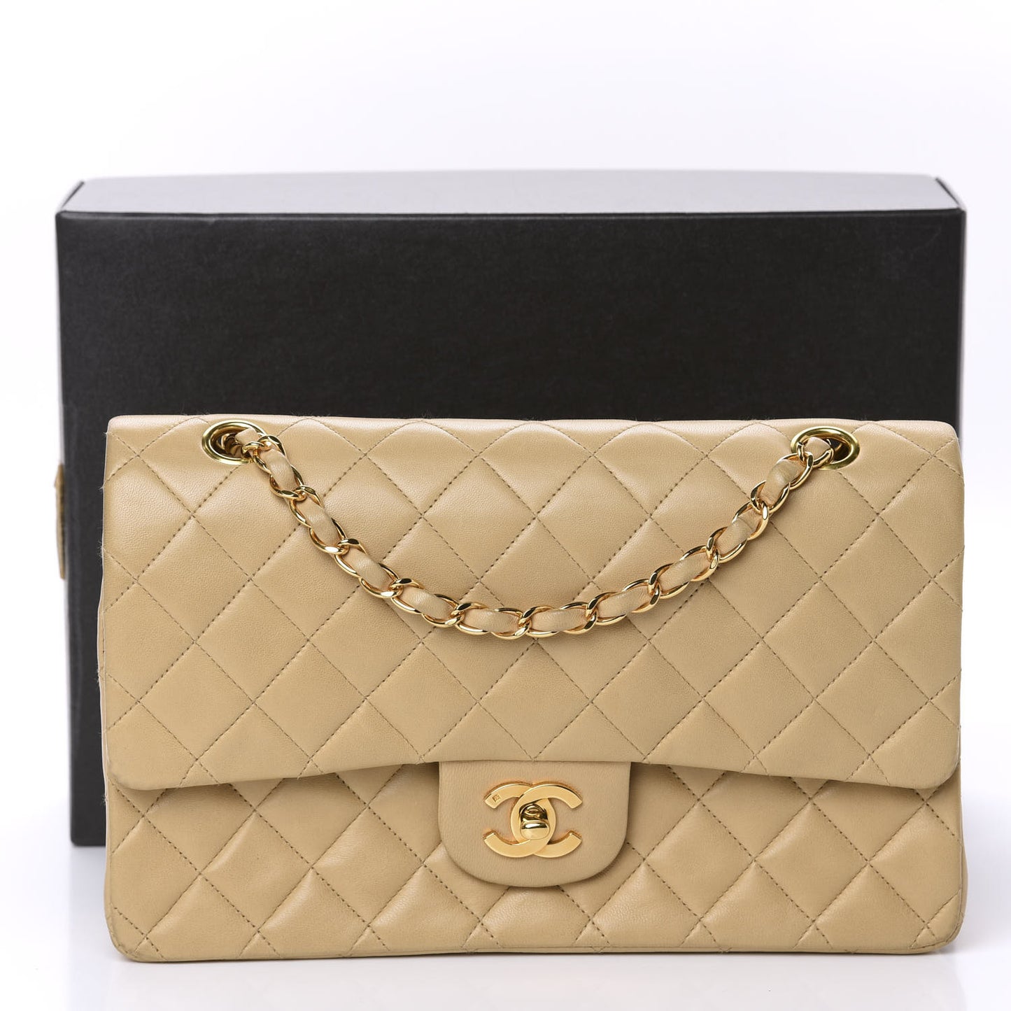 Lambskin Quilted Medium Double Flap Beige