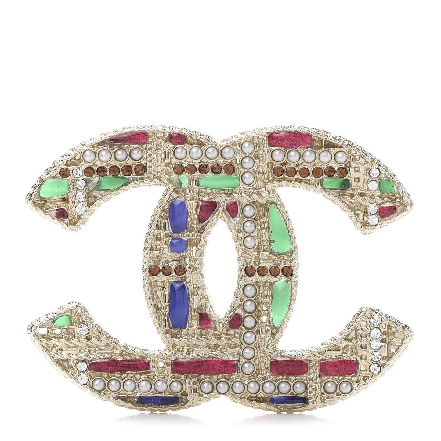 Crystal Pearl CC Tweed Brooch Gold Multicolor