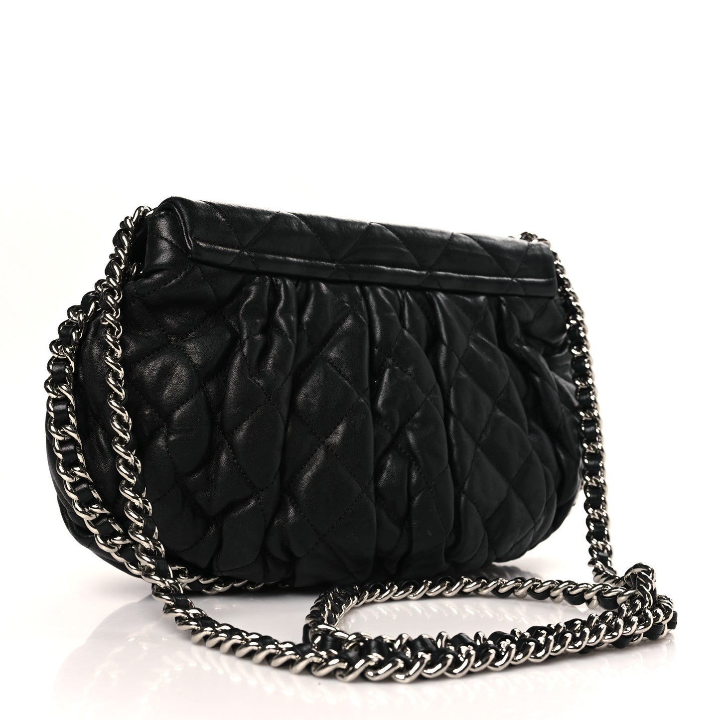Washed Lambskin Quilted Chain Around Flap Black
