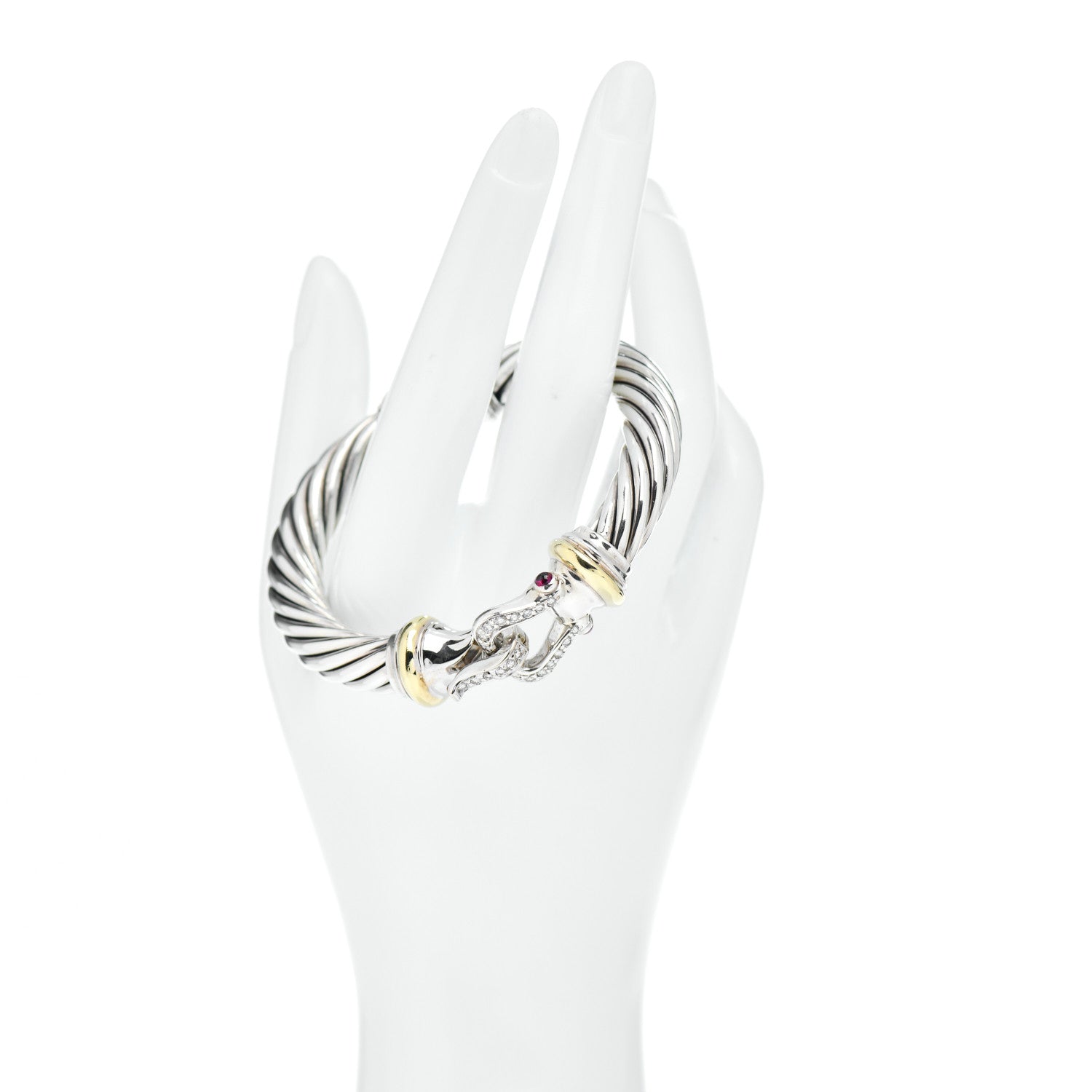 David Yurman Sterling Silver 18K Yellow Gold Diamond Garnet 10mm Cable Buckle Bracelet 2 of 4