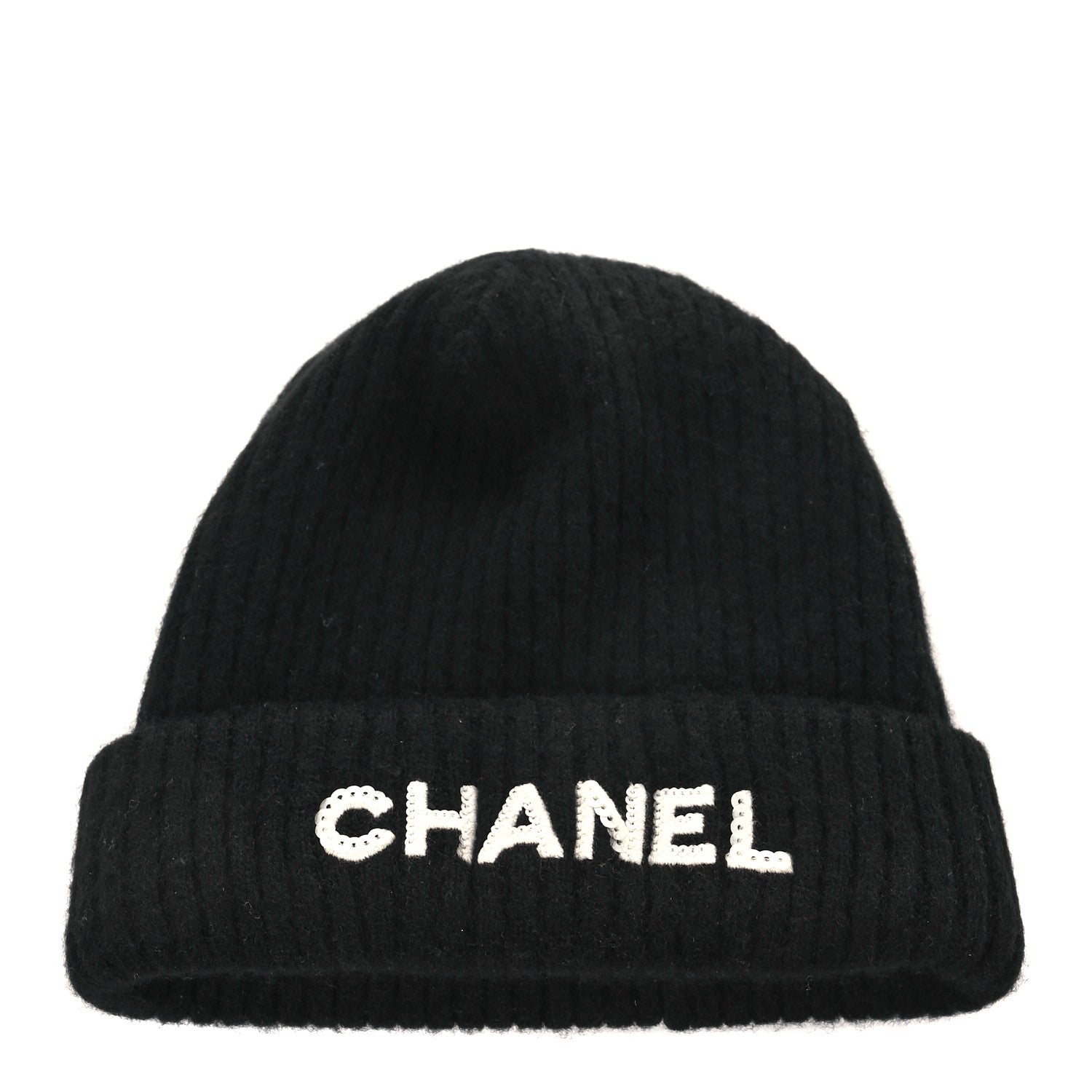 Chanel Cashmere Sequins Logo Beanie Hat Black 1 of 5