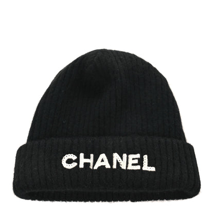 Chanel Cashmere Sequins Logo Beanie Hat Black 1 of 5
