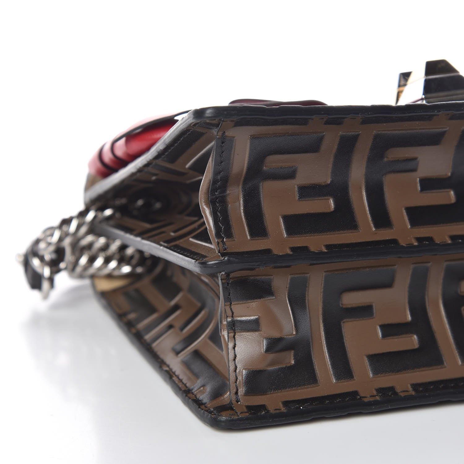 Fendi Vitello Shiny Nappa Bi-Color FF 1974 Lace Up Bow Embossed Small Kan I Shoulder Bag Maya Black Fragola 8 of 9