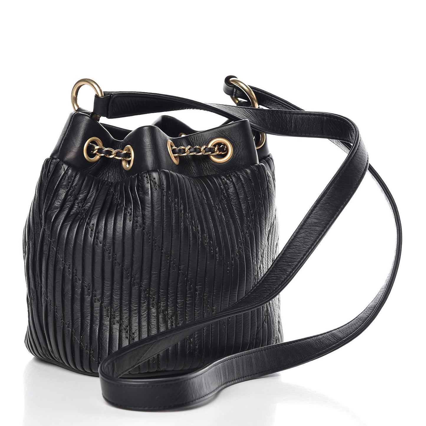 Iridescent Crumpled Calfskin Coco Pleats Small Drawstring Bag Black