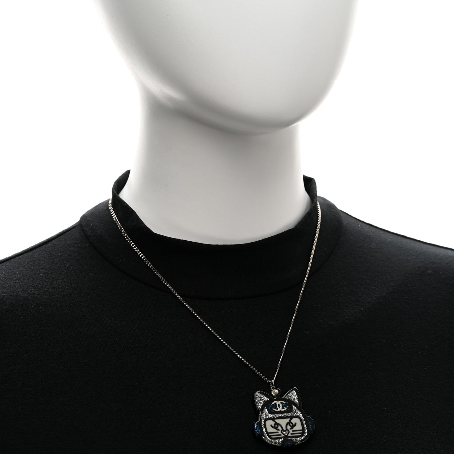 Resin Pearl CC Emoji Robot Cat Lanyard Necklace Silver Blue