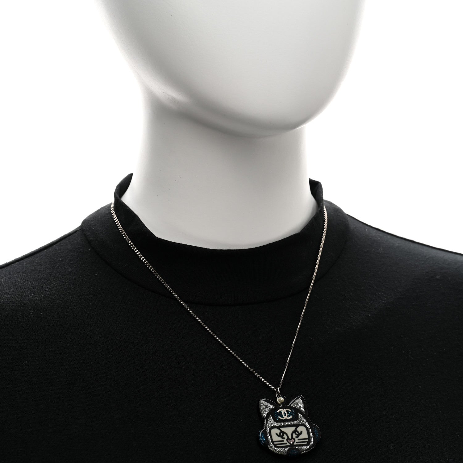 Chanel Resin Pearl CC Emoji Robot Cat Lanyard Necklace Silver Blue 2 of 5